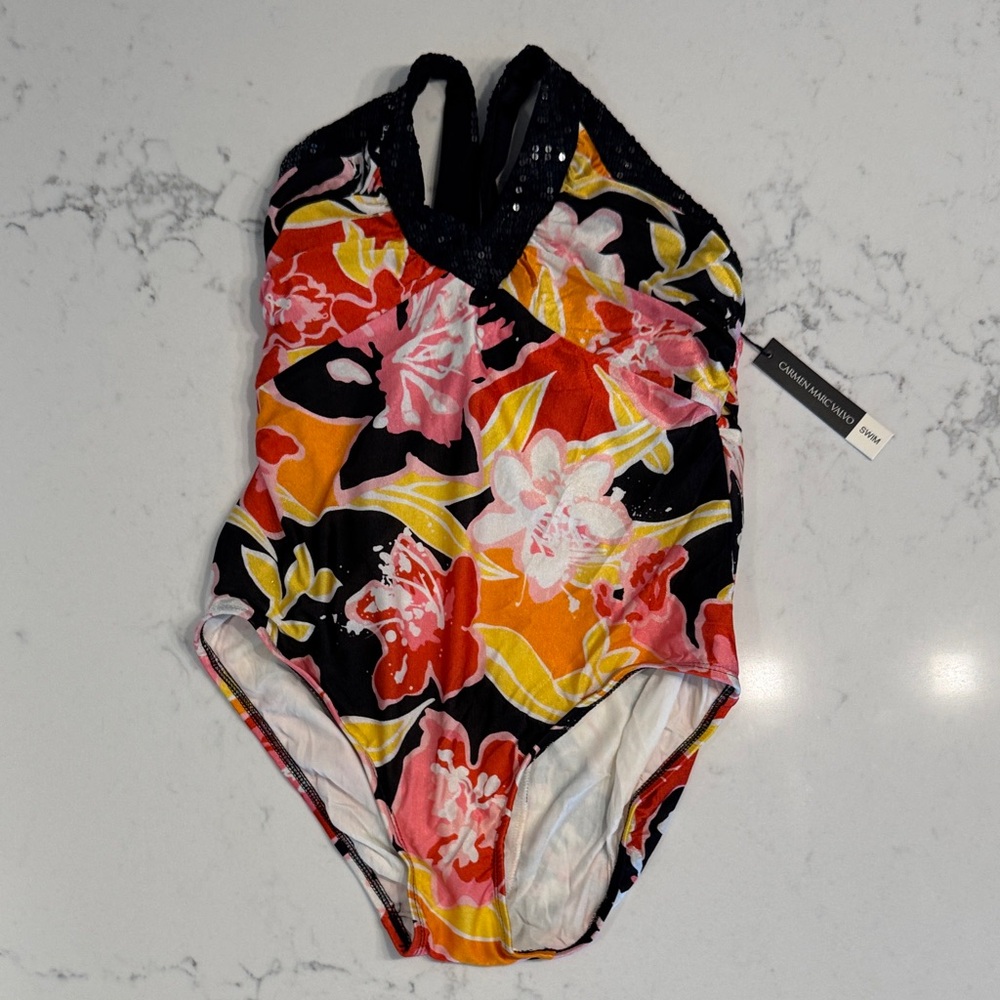 Carmen Marc Valvo Floral Woman’s One Piece Swimsuit Size 8 NWT